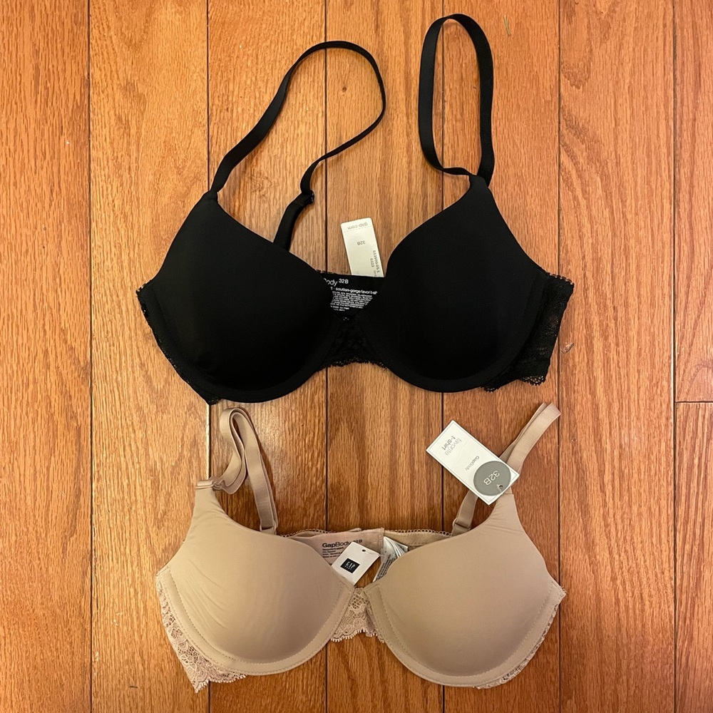 Gap Favorite T-Shirt Bras, Black & Beige with Lace, 32B